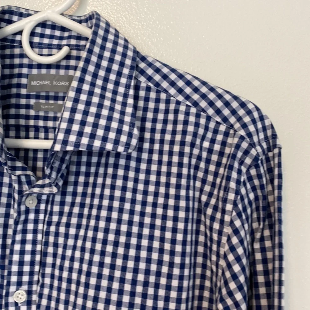 MICHAEL kors blue and white full collard button down slim fit size large